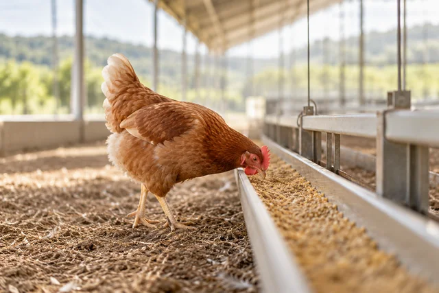 Gallina adulta alimentándose en un comedero avícola
