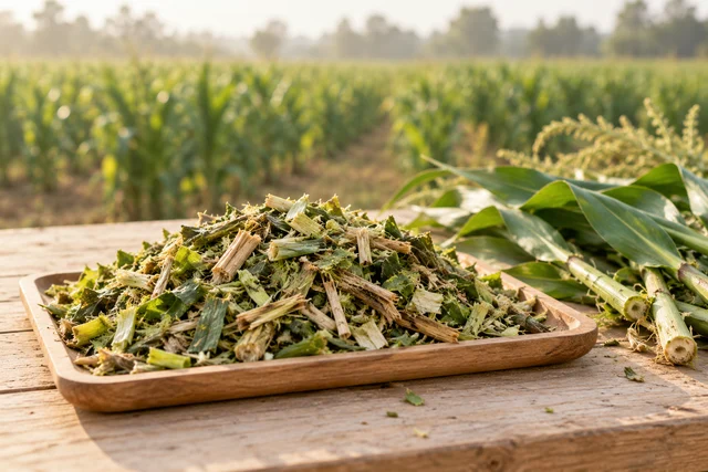 Hojas, tallos y fragmentos de biomasa vegetal sobre una mesa agrícola