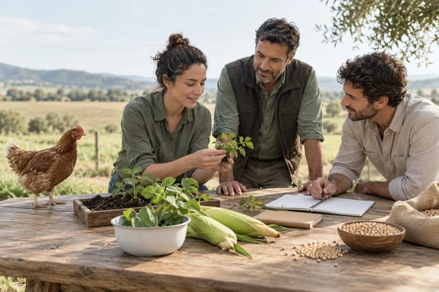 Equipo de trabajo conversando sobre muestras vegetales