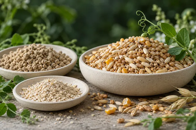 Visualización conceptual de cereales, harinas y gránulos para nutrición animal