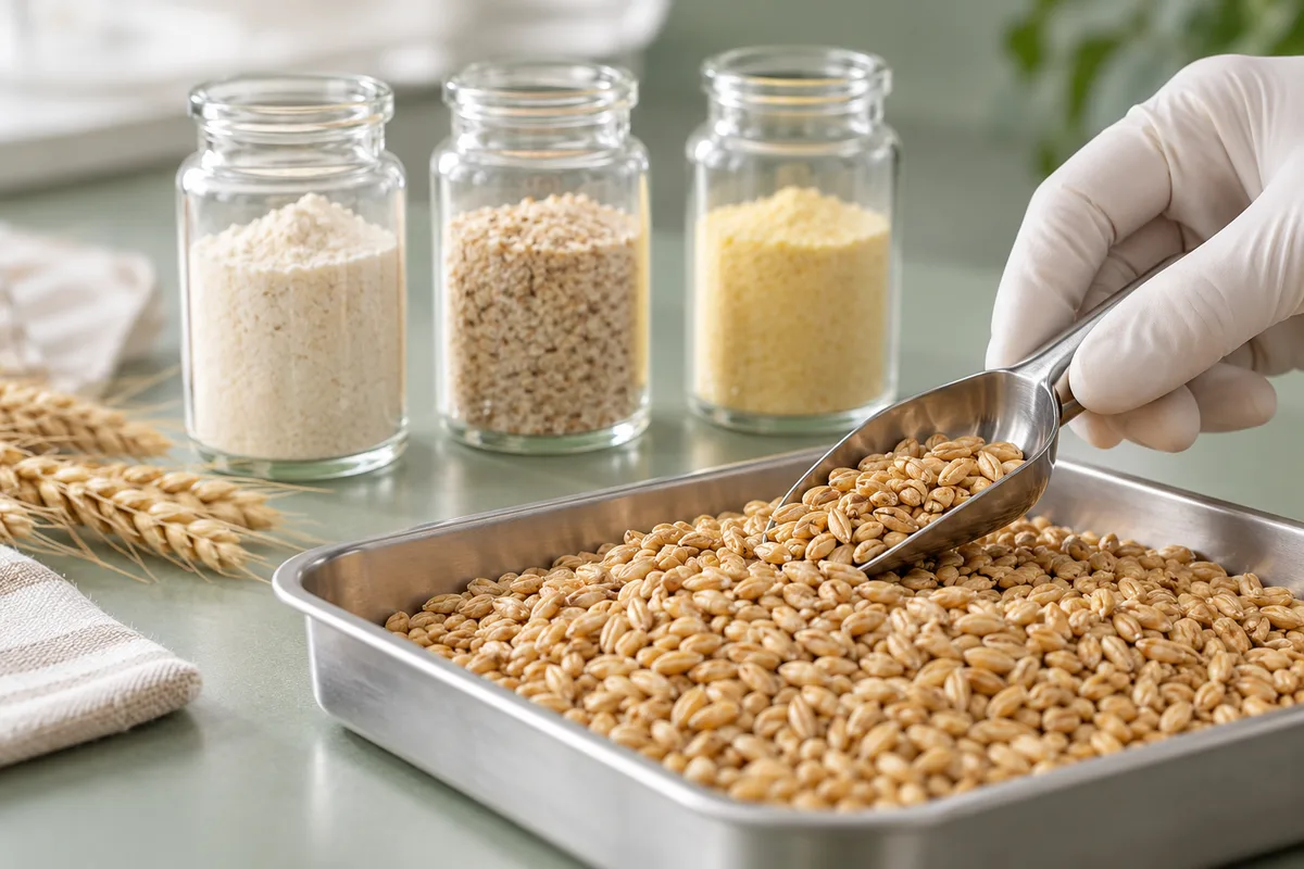 Ilustración de toma de muestras de cereales y frascos de ingredientes