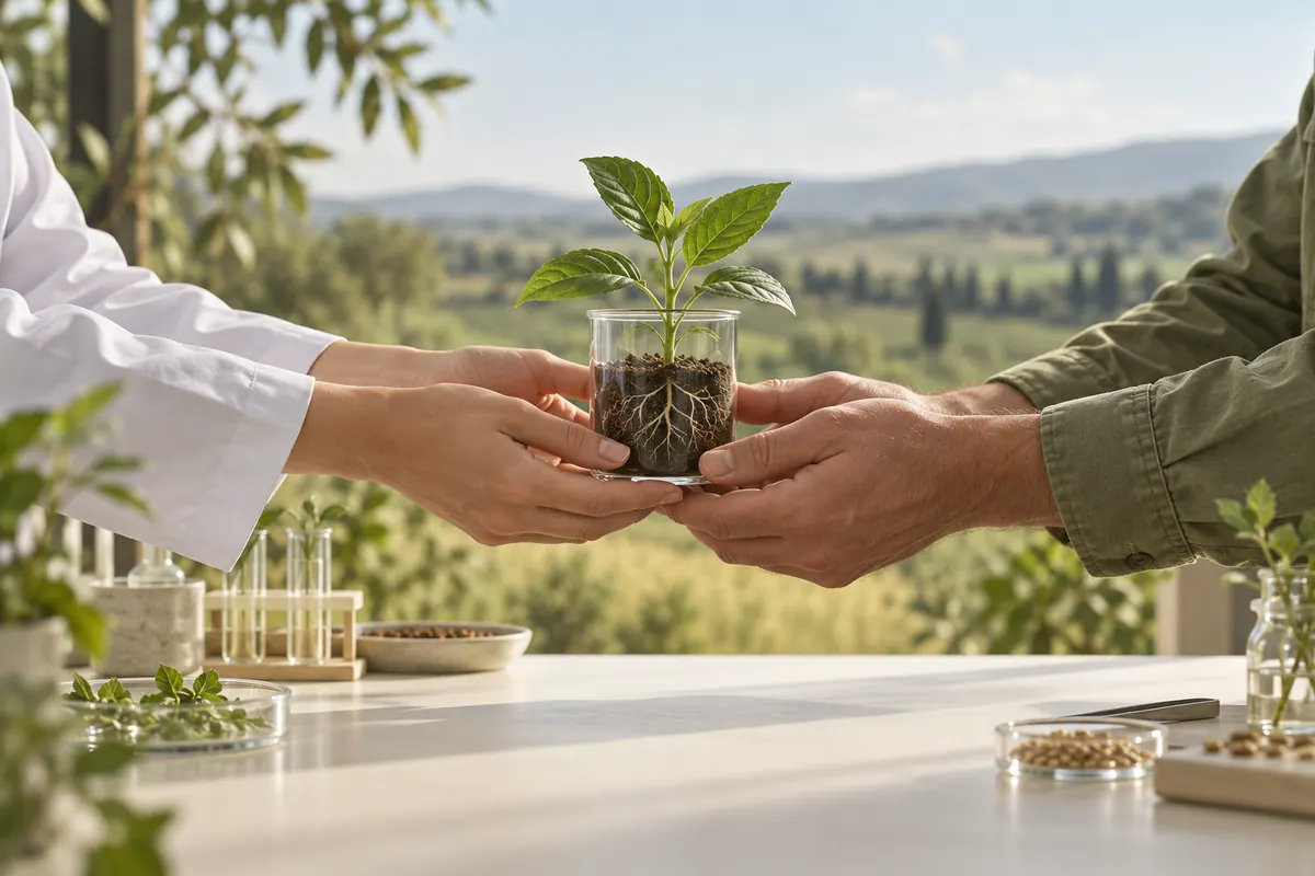 Ilustración de colaboración entre investigación y actividad agrícola