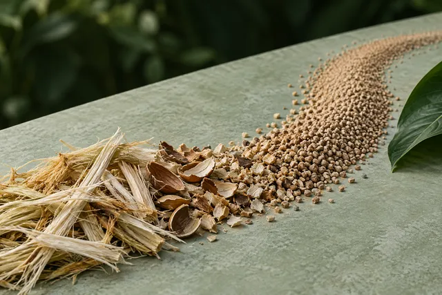 Visualización conceptual de fibras vegetales y su transformación en gránulos